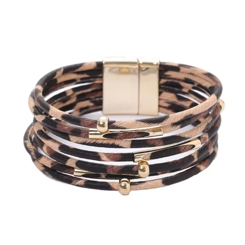

Leopard Leather Memory Wire Bracelet Multilayer Wrap Wide Bracelet Women Jewelry