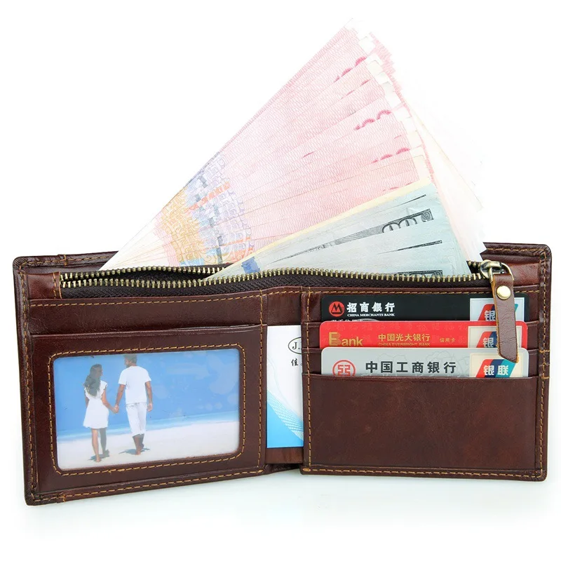MJ Male Wallets Vintage Genuine Leather Bi-Fold Men's Wallet Card Holder Short Purse Coin Pocket ID Photo Window Wallet for Men (22)