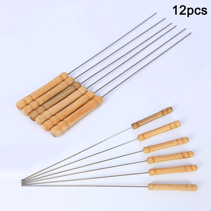 Stainless Steel BBQ Skewer Sticks Fruit Shish Kebab Meat Wood Handle Barbecue Sticks P7Ding - Цвет: 12pcs