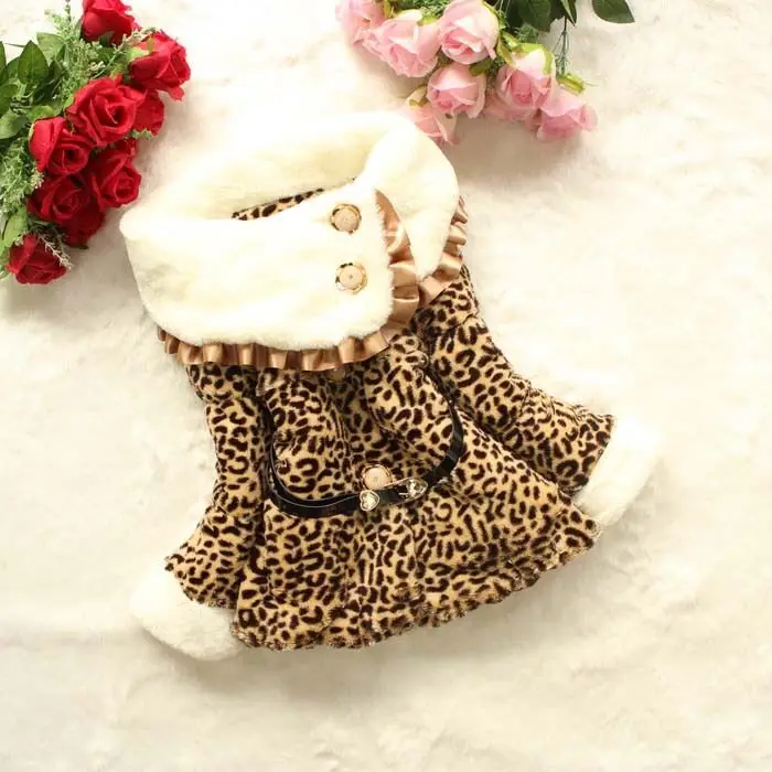 

Girls Leopard faux fox fur collar coat clothing with bow Autumn Winter wear Clothes baby Children outerwear dress jacket sfe434