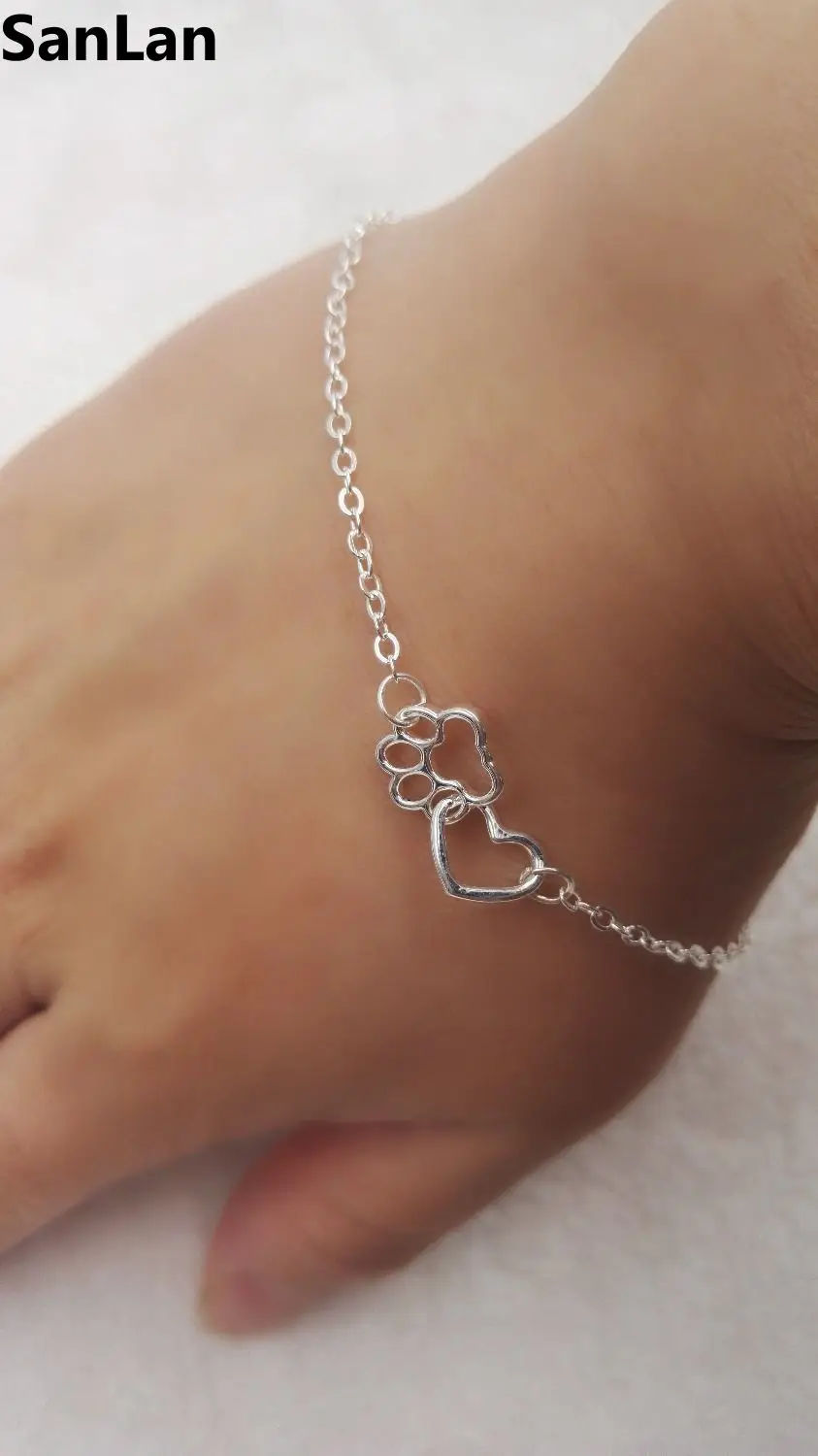 Милые красивые с серебряным покрытием лапы собаки и сердца браслет любовь сердце Дружба Ювелирные изделия для женщин/девочек подарок для влюбленных SanLan