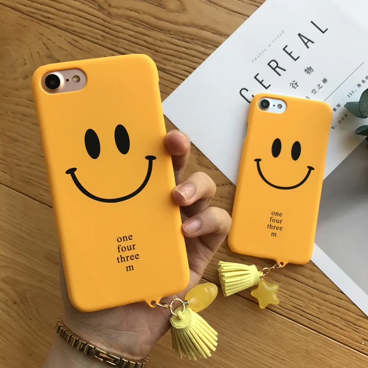 

Yellow Smile Face Tassel Strap Frosted For iPhone 7 Plus Mobile Phone Cover Case Phone Cases For iPhone X 6 6s 7 8 Plus Case