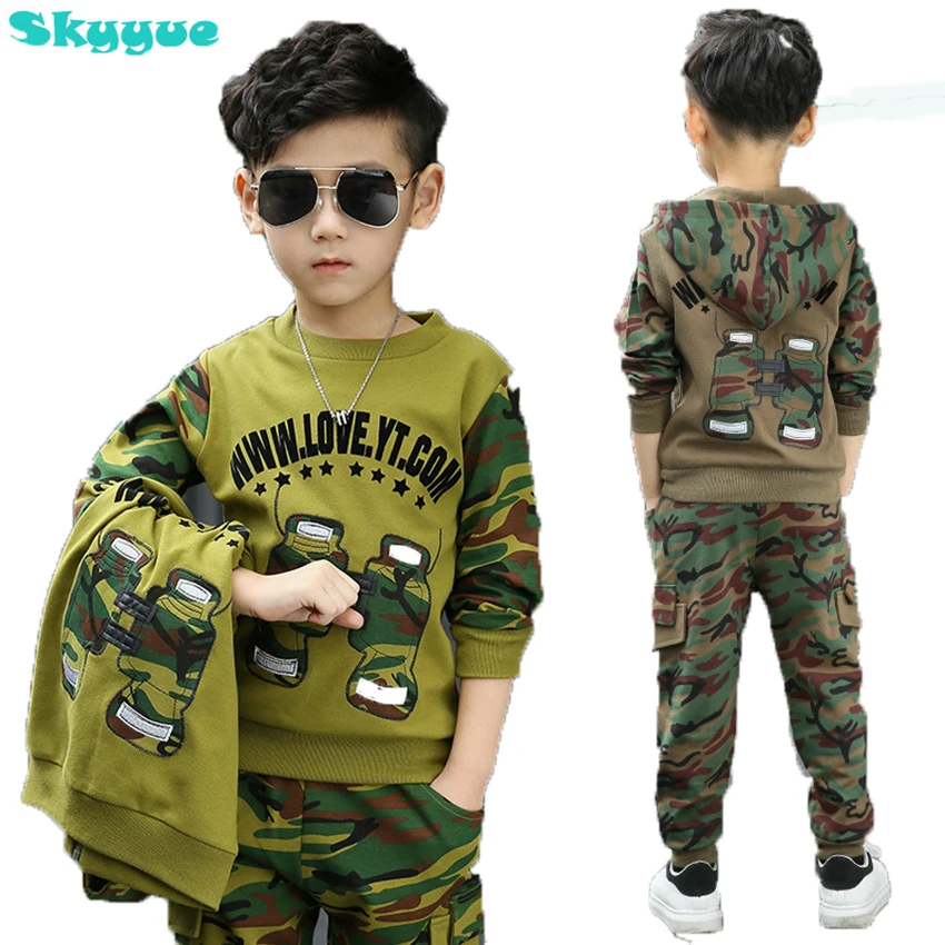 

2018 Boys camouflage clothing set military camouflage sweatshirt 3pcs for big kids Hooded waistcoat T-shirt pant clothes suit
