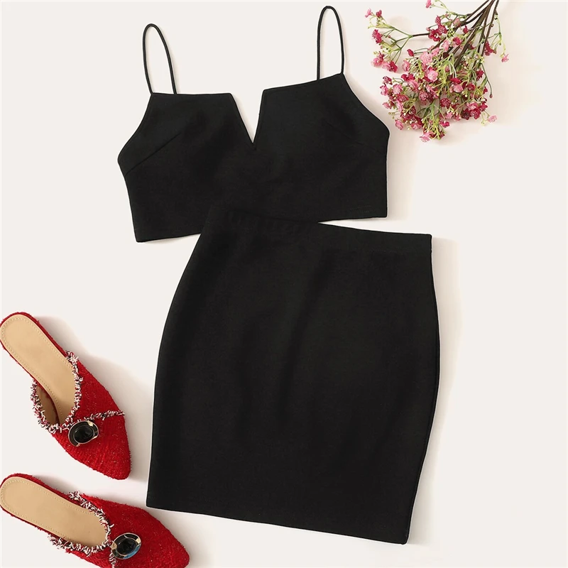 SHEIN модный топ с v-образным вырезом и юбка, летний женский комплект из двух частей без рукавов
