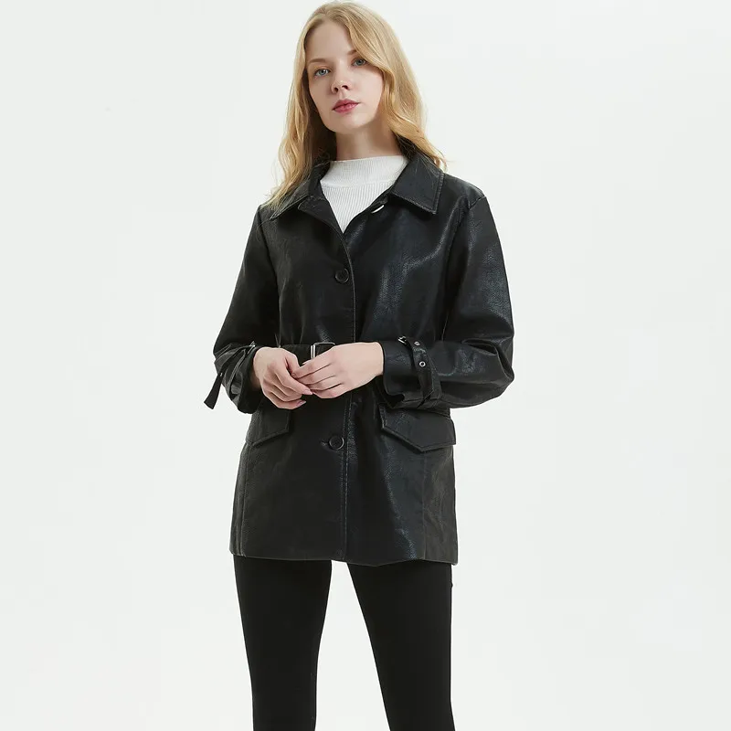 FTLZZ новые женские черные длинные Куртки из искусственной кожи осенне-зимнее однобортное базовое пальто с помпоном байкерская куртка