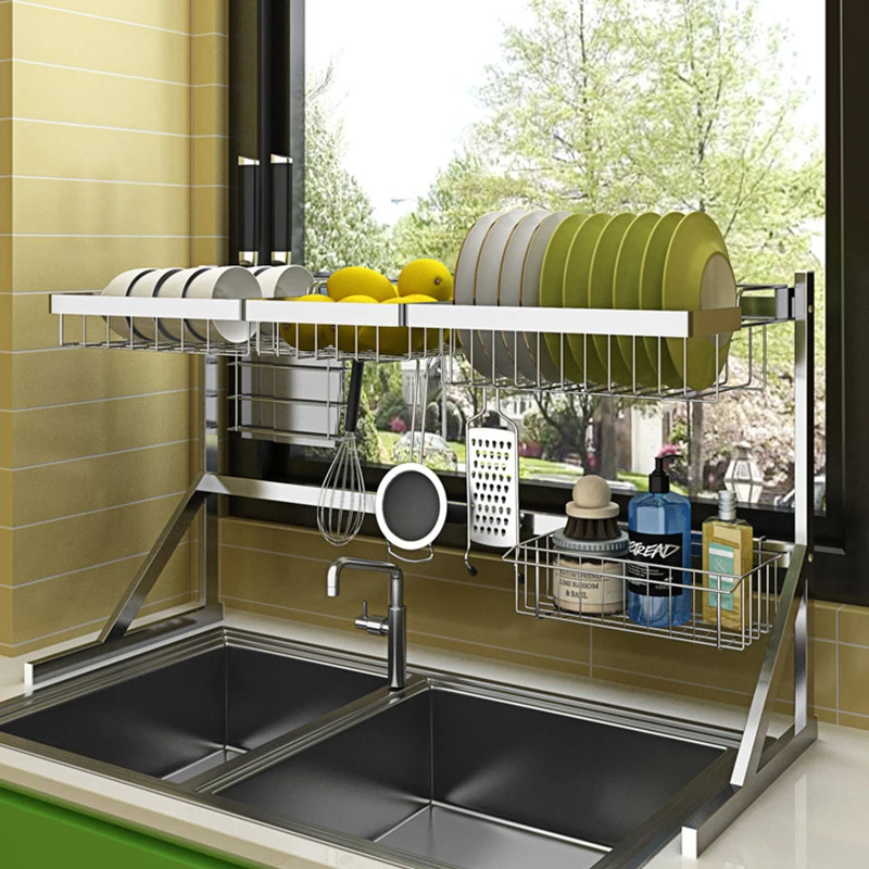

Stainless steel Dish Rack Kitchen Organizer Shelf Sink Sponge Holder High Capacity Tableware Organizer Dish Rack Drainer
