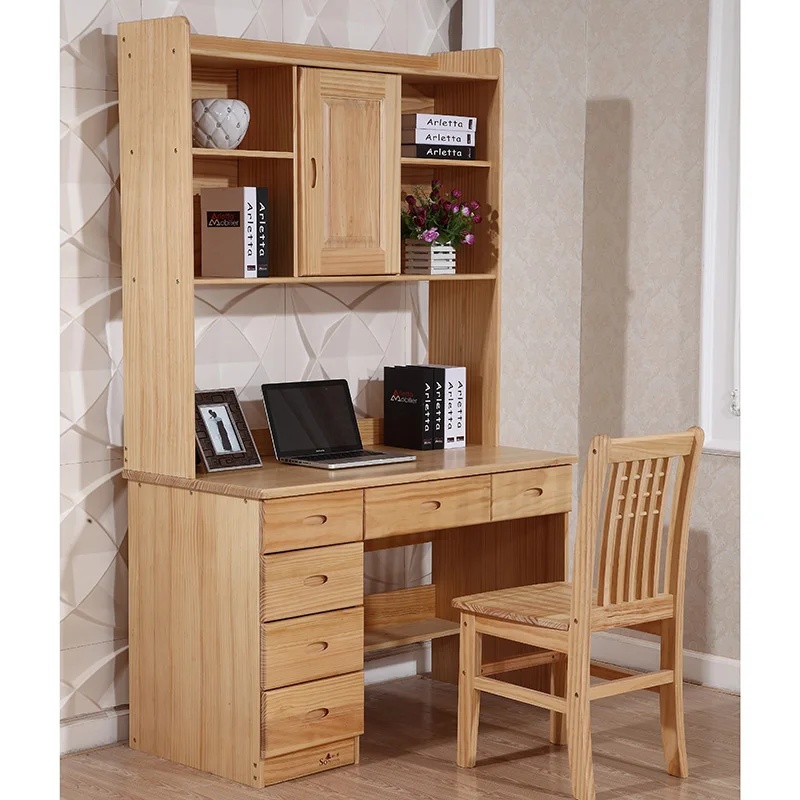 Pure Solid Wood Computer Desk With Bookcase Cabinet Combination