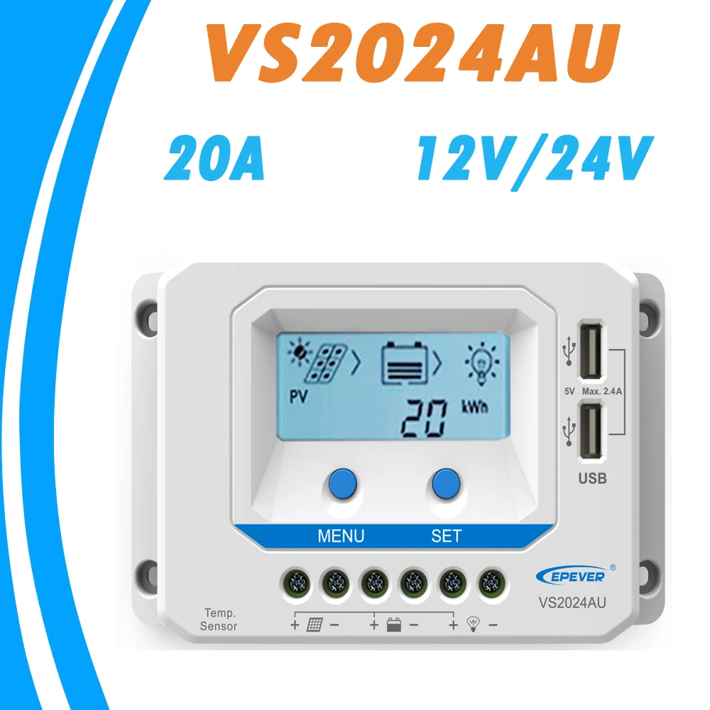 EPever VS2024AU 20A за максимальной точкой мощности, Солнечный Контроллер заряда 12V 24V Подсветка ЖК-дисплей Dual USB 5V Панели солнечные регулятор общий положительный для дома