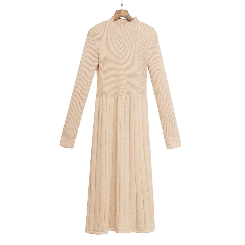 

Winter Dress Women Long Sleeve Sweater Dress Half High Neck Turtleneck Pullovers Basic Elastic A Line Knee Length Knitted Dress
