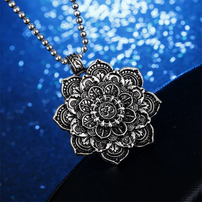 Vintage Amulet Religious Om Mandala Pendant Lotus Flower Buddhist Necklace