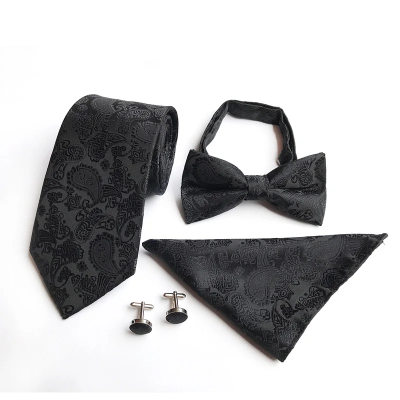 Mens Luxury Black Paisley Tie Set Including Bow Tie Cufflink and Pocket Square