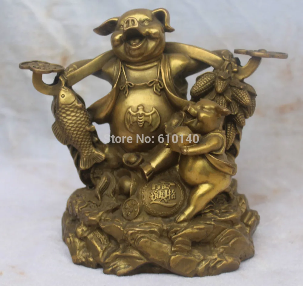 

Chinese Wealth YuanBao Fish Foo Fu Myth Bronze Pig Swine Zhu Bajie Ruyi Statue