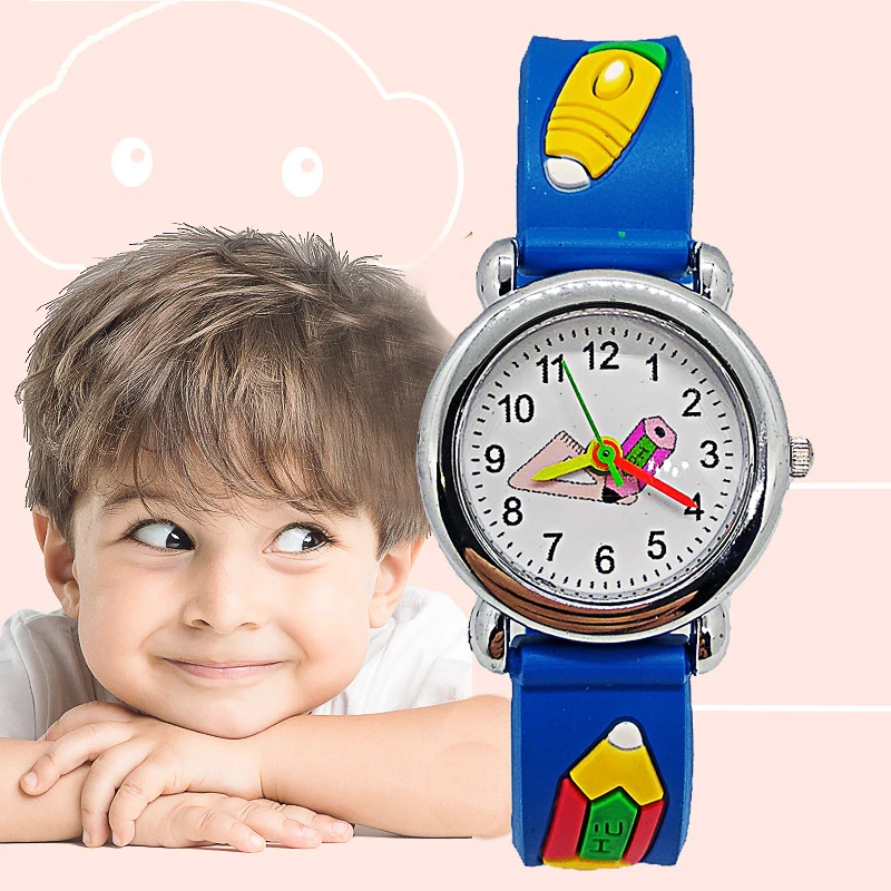 

Fashion Kids Watches good quality cartoon students triangle ruler pencil children watch for Child Boy Girl Clock Christmas Gift