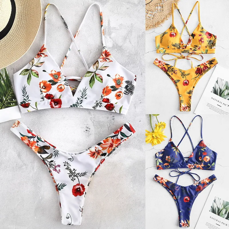 

2019 Women Sexy Bikini Set Lace Up Floral Print Two-Piece Swimsuit High Waist Thong Brazilian Biquini Bodysuit Summer Beach Wear
