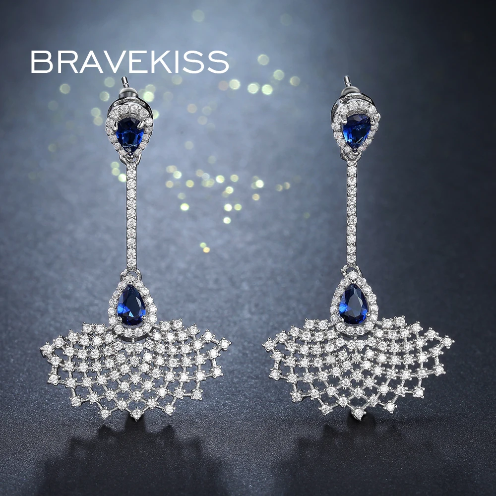 

BRAVEKISS Chain Long Drop Earring Sunny Jewelry Luxury Netted Dark Blue Cubic Zirconia Dangle Earrings For Women Bijoux BUE0261