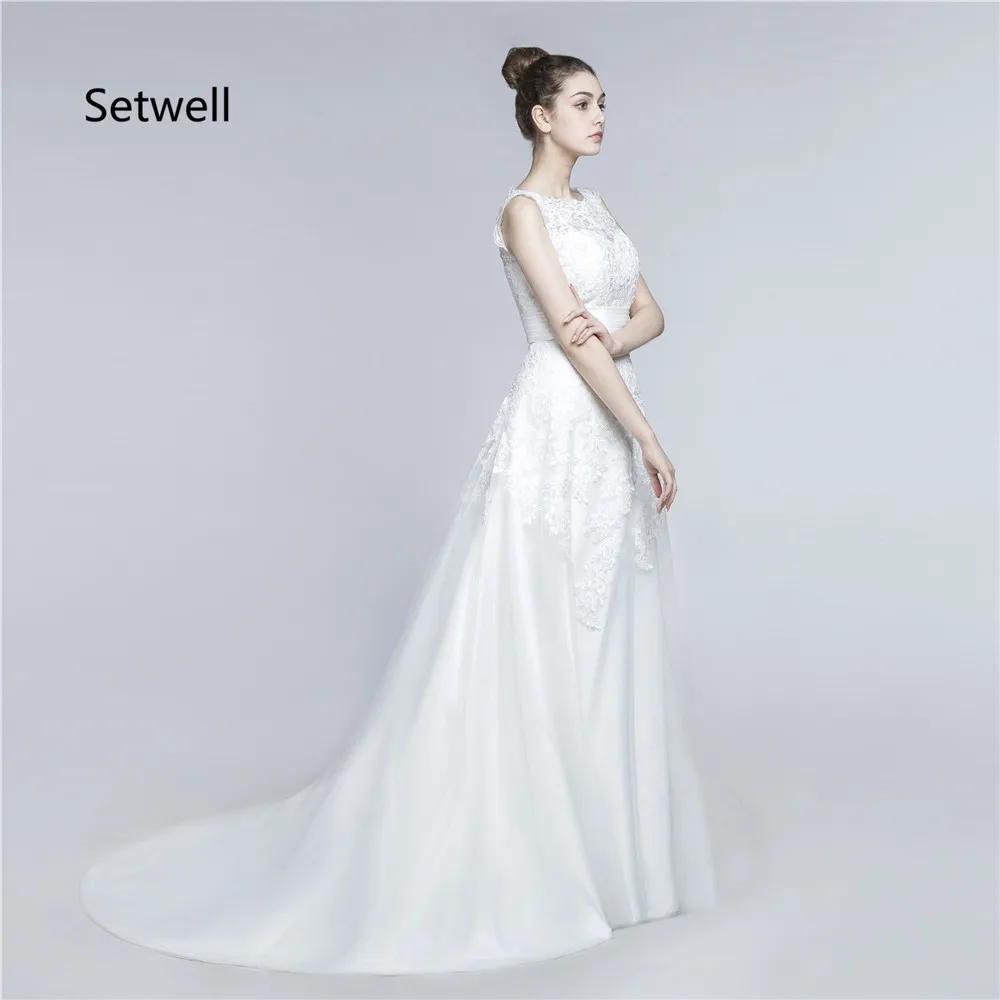 

Setwell New Design Two Pieces Wedding Dress With Detachable Train Illusion Neckline High Quality Lace Applique Wedding Dresses