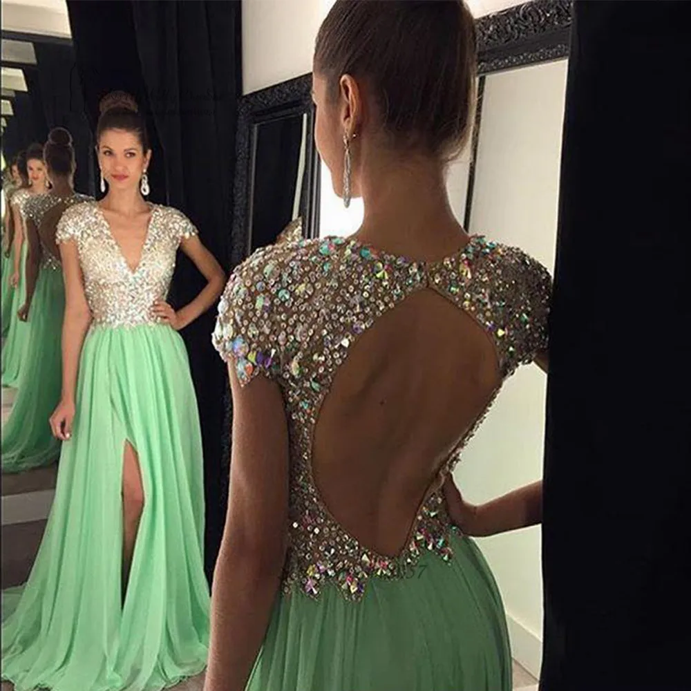 

Robe de Soiree Courte Mint Green Crystal Formal Long Evening Dress 2016 Cap Sleeve Backless Prom Dresses Gown Split Abendkleider