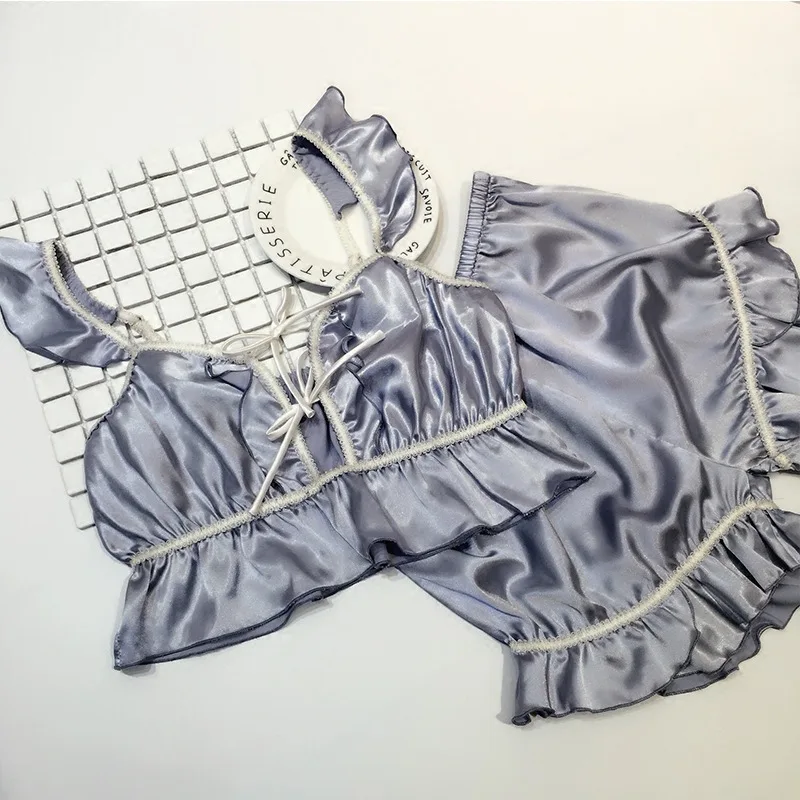 

Sexy Deep V neck Cute Satin Lotus leaf Lotita Blue and Pink Pajamas Sleeveless Round Neck Tops and Shorts