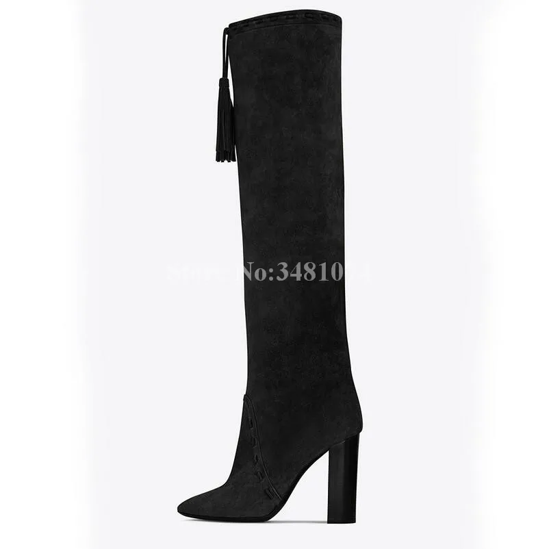 Plissée Troupeau Et Pendentif Picture Bout Hiver Frange Noir As Picture Du Pointu Talons Automne Conception À Hauteur Bottes Mode Femmes Brun Genou as Carré Hauts 7ygfYb6v