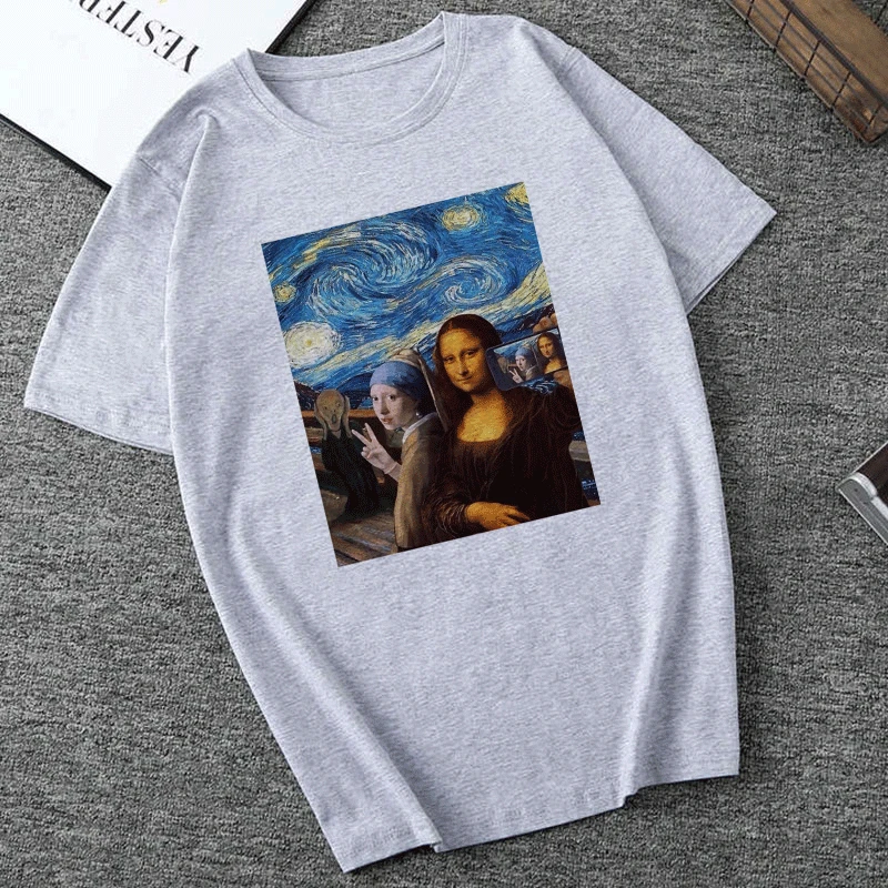 Летняя Эстетическая футболка Mona Lisa Harajuku серая Ullzang винтажная графическая