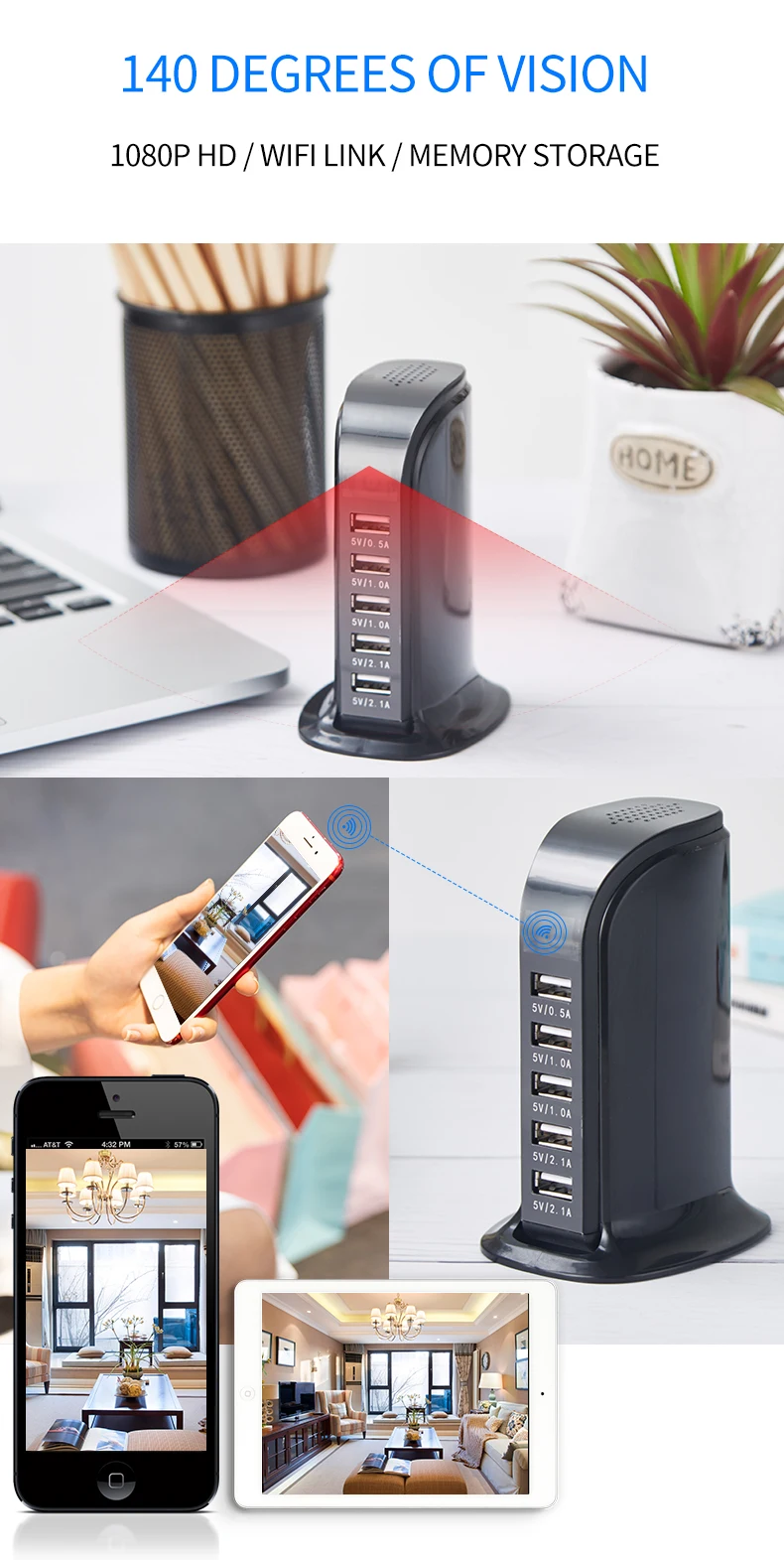 1080P Wifi Mini kamera 5 Port 4A ładowarka USB stojąca 1080P Wifi Mini kamera 5 Port 4A ładowarka USB stojąca