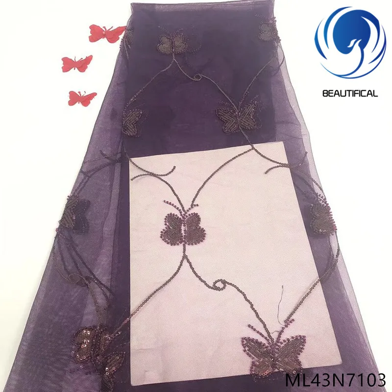 

Beautifical lace fabrics french tulle lace fabrics 2019 high quality purple lace dress with sequin women lace 5yards/lot ML43N71