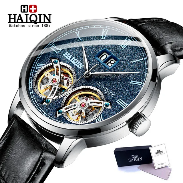 HAIQIN мужские s часы Топ люксовый бренд автоматические механические наручные часы Мужские Двойные Tourbillon модные водонепроницаемые часы relogio masculino - Цвет: L-silver blue