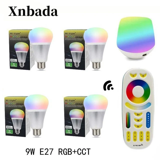 

MiLight 9W Led Lamp E27 RGB+CCT Led Bulb +RGBWW Remote+IBX1 RF Remote WIFI Led Spotlight light Led light AC85-265V Free Shipping
