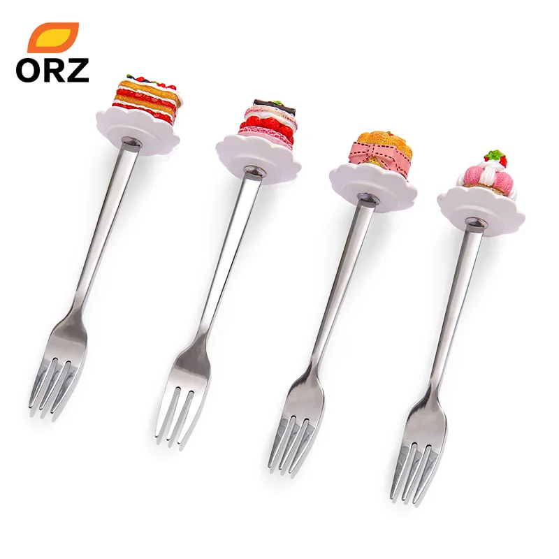 ORZ 4PCS/Set Stainless Steel Forks Resin Cake Shape Cute Forks Dessert