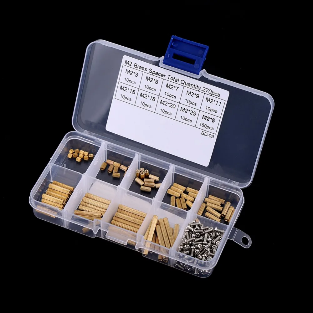 270pcs/Set M2 Brass Female Female Standoff and Screws Assortment Kit Hardware Accessories PCB