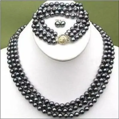 

FREE SHIPPING HOT sell new Style >>>> ELEGANT 3 ROWS BLACK 8-9 MM TAHITIAN PEARL NECKLACE BRACELET EARRING SET