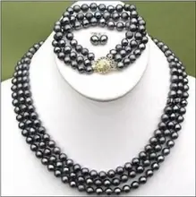 FREE SHIPPING HOT sell new Style >>>> ELEGANT 3 ROWS BLACK 8-9 MM TAHITIAN PEARL NECKLACE BRACELET EARRING SET