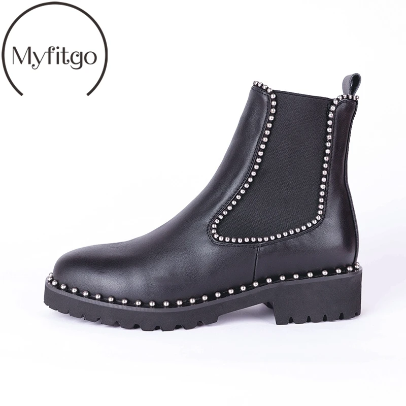 

Myfitgo New Women Boots Genuine Leather Round Toe 3.5 cm Square Heels Spring Women Ankle Boots Pigskin inside Black Fashion