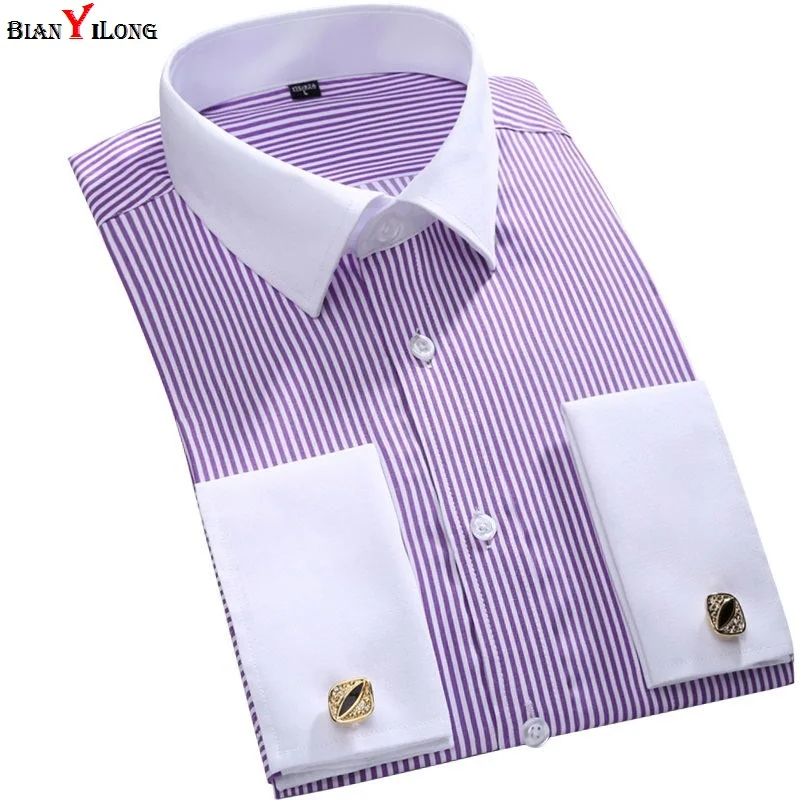 

Wedding Dress Shirt French Cuff Mens Long Sleeve Men Shirt Slim Fit Mens Tuxedo Shirt Striped Men Casual Shirts Plus Size M-6XL