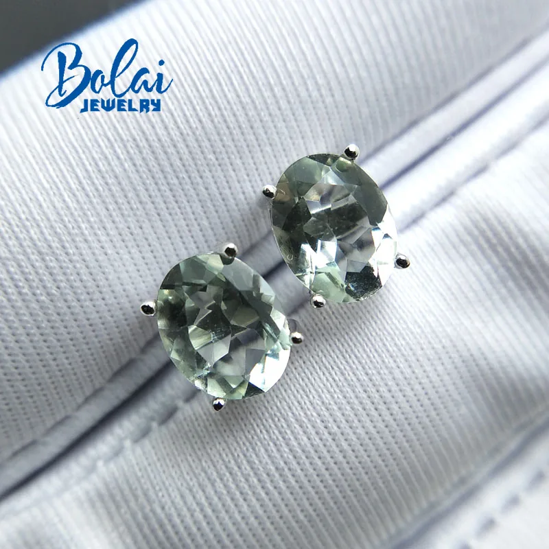 Bolaijewelry, простые серьги, натуральный зеленый аметист, овальная огранка 6*8 мм, драгоценный камень, серебро 925 пробы, хорошее ювелирное изделие для женщин, вечерние, подарок