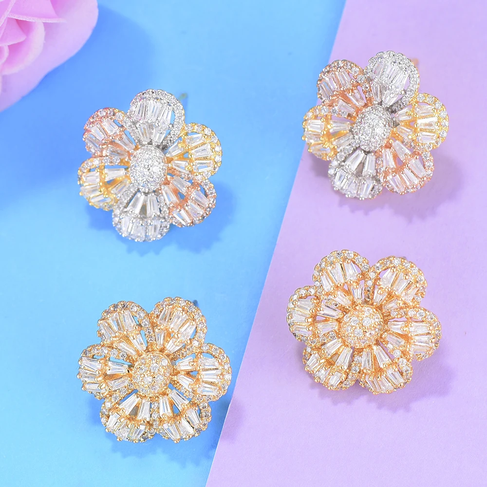 

GODKI Luxury 3 Tone Flower Cluster Stud Earrings For Women Wedding Cubic Zircon Crystal African Dubai Silver Bridal Earrings NEW