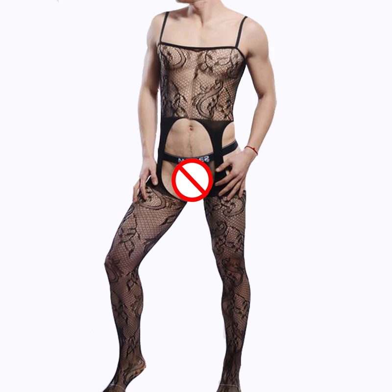 

KWAN.Z men's bodystocking sexy mesh catsuit transparent lingerie sexy hot erotic open crotch body sexy stocking one-piece socks