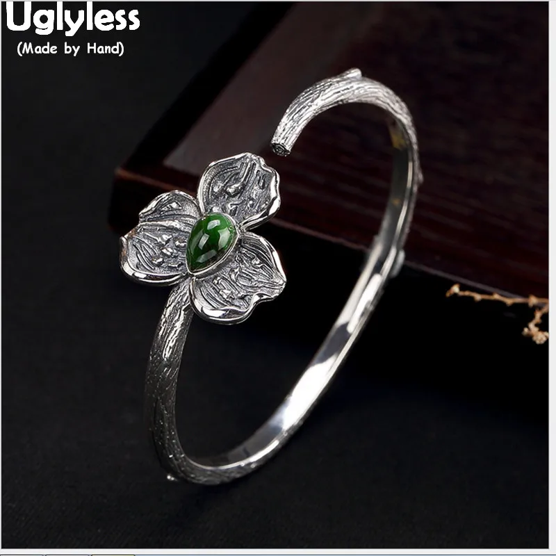 

Uglyless 100% Real 925 Sterling Silver Flower Bangles for Women Thai Silver Ethnic Fine Jewelry Natural Green Jade Open Bangle