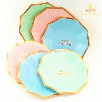 

New Pink Blue Green Plate 240Pcs 7" Dishes For Birthday Party Gold Wrapper Plates Baby Shower Wedding Deco