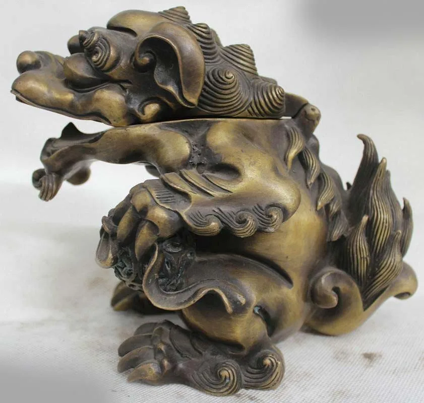 

8"Chinese Bronze Palace Foo Fu Dog Beast Lion Kylin Statue Incense Burner Censer