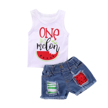 Fashion New Toddler Kids Baby Girl Sleeveless Watermelon Vest Tops+Ripped Denim Shorts Jeans 2PCS Outfits Summer Clothes Set 1