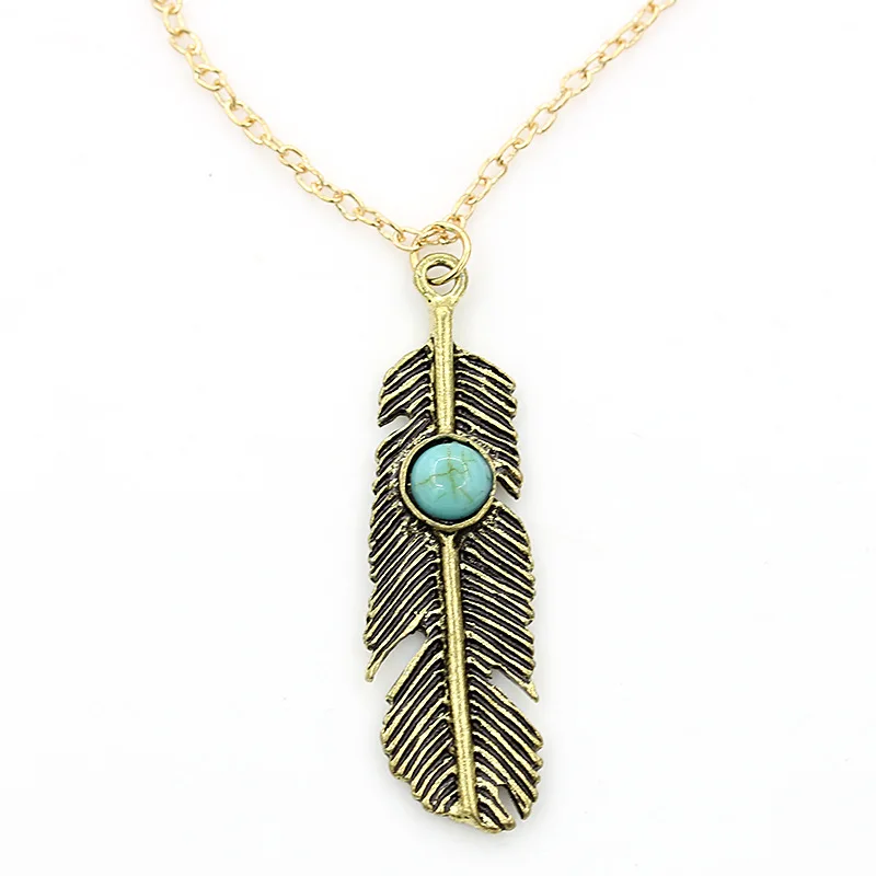 

Turquoise Beads Necklaces Gold Link Chain Feather Leaf Pendant Long Tassel Statement Charm Women Jewelry Ethnic Choker
