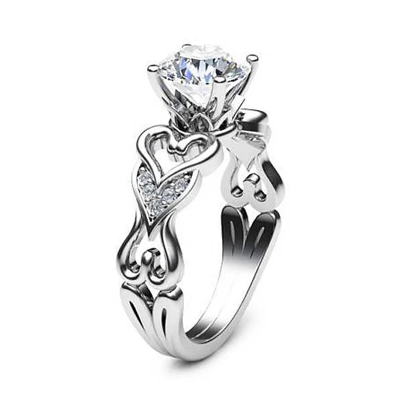 

Hot Sale Silver Ring European Retro Openwork Heart Crystal Wedding Engagement Tail Rings For Gift Women CZ Party Rings Jewelry