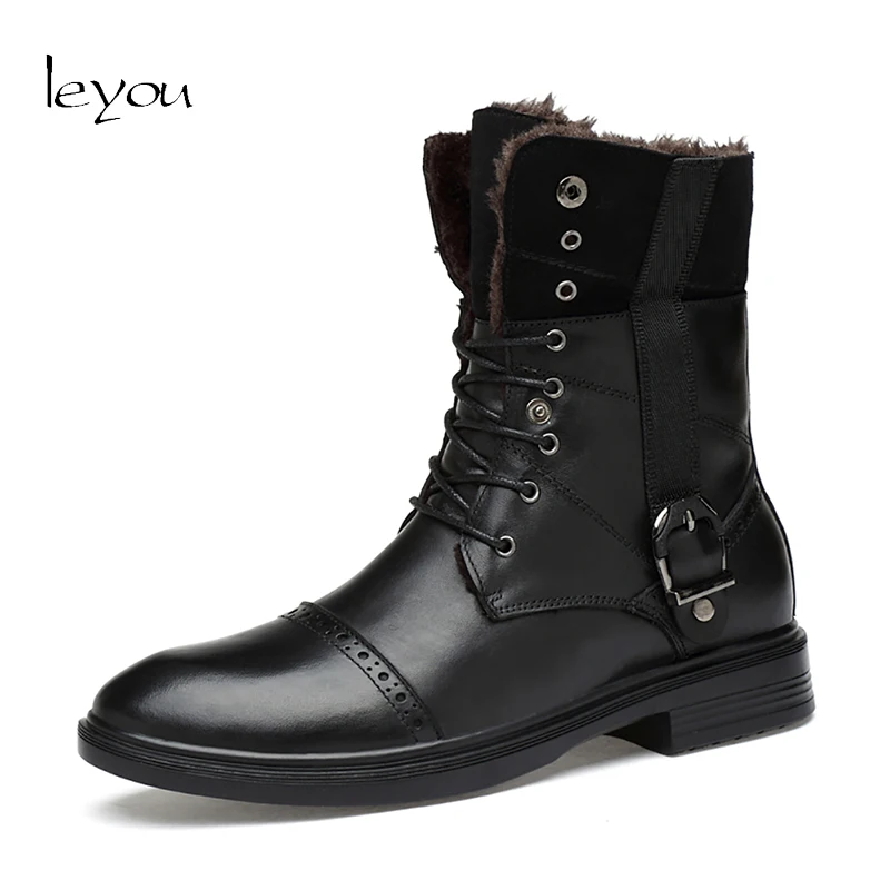 

Leyou 2017 Men Martins Boots Motorcycle Man Cowboy Boots Genuine Leather Autumn Winter Boots Western Lace Pointed Toe Shoes
