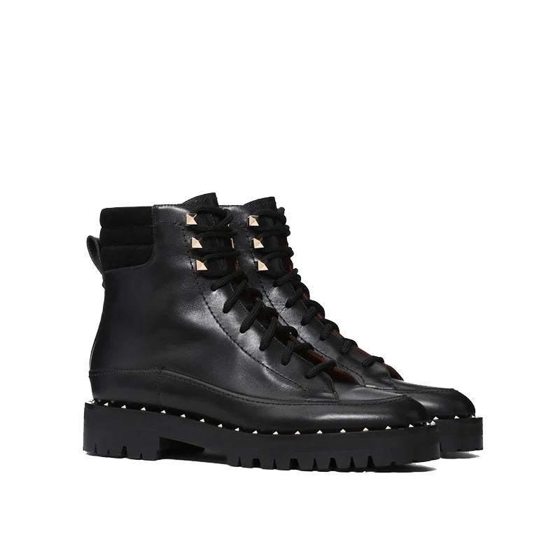 

Genuine Leather Black Cowhide Ankle Boots Womens Shoes Rivet Metal Decoration Black Winter Shoes Women Luxury Brand Shoes Women
