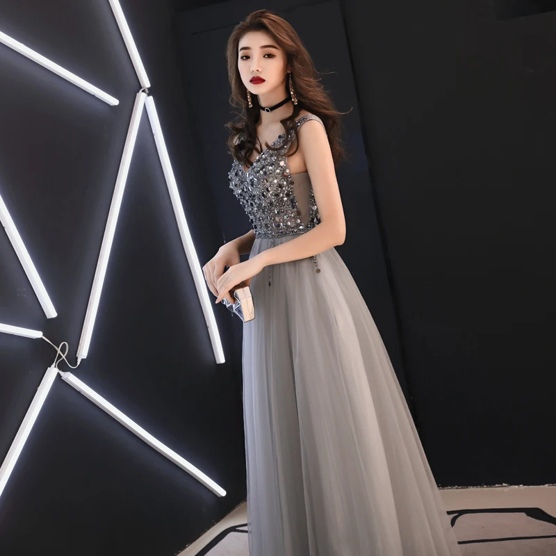 Beauty Emily Long Grey Luxury Beads Evening Dresses 2019 Backless V-Neck Floor-Length Formal Party Evening Prom Dresses Gowns Beauty Emily Long Grey Luxury Beads Evening Dresses 2019 Backless V-Neck Floor-Length Formal Party Evening Prom Dresses Gowns