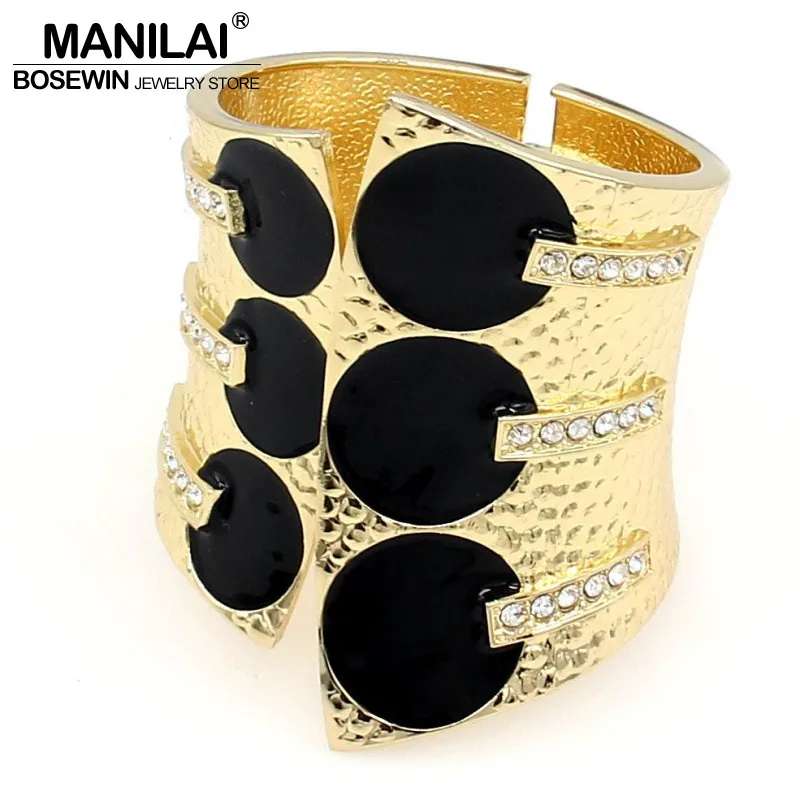 MANILAI Female Fashion Exaggerate Cuff Bangles Metal Black Glaze Rhinestones Women Statement Jewelry Big Bangles Bracelets