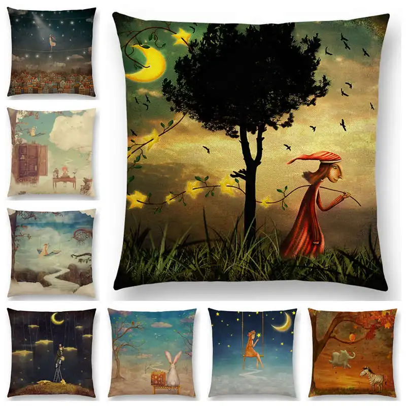 

Hot Sale Mysterious Imagine Animals Forest Children Fantastic Clouds Sky Moon Stars Dream Fairy Tale Cushion Cover Pillow Case