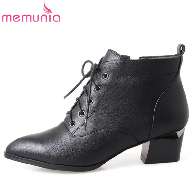 

MEMUNIA 2020 new ankle boots fashion lace up simple pointed toe thick heels women boots big size boots 33-43