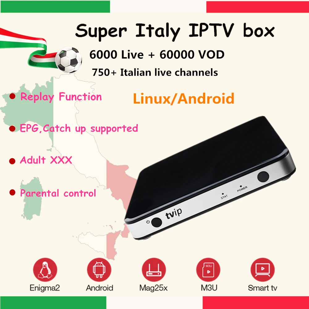 

Italy TVIP 605 Android Linux Box Amlogic S905X +3000 channels H.265 IPTV Italia UK Spain Europe Portugal Albania Smart TV Box